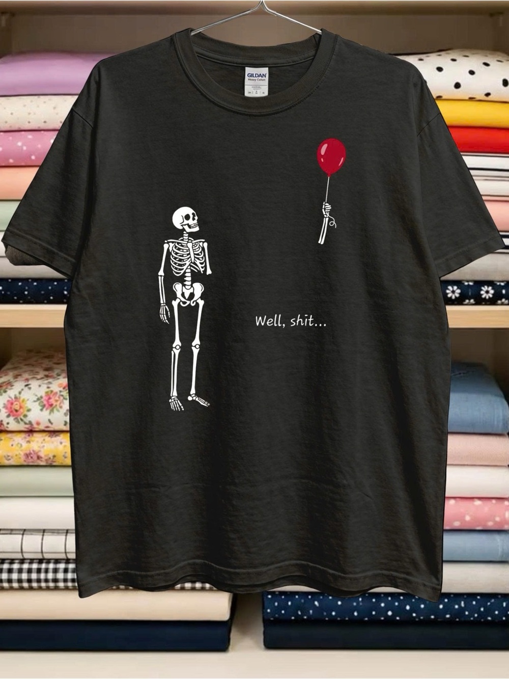 Gildan Black Tee with Skeleton and Red Balloon Graphic, Halloween Season
